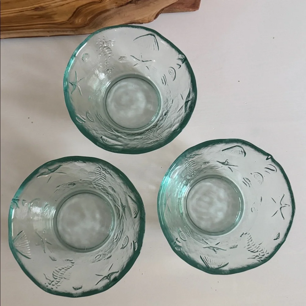 Spanish Recycled Green Glass Bowls with Coastal Theme Embossed Sea Creatures (3)